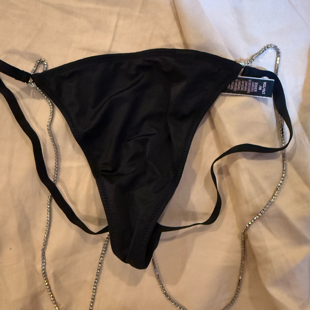 Victoria's Secret Black thong with Rhinestone Chains, size medium.